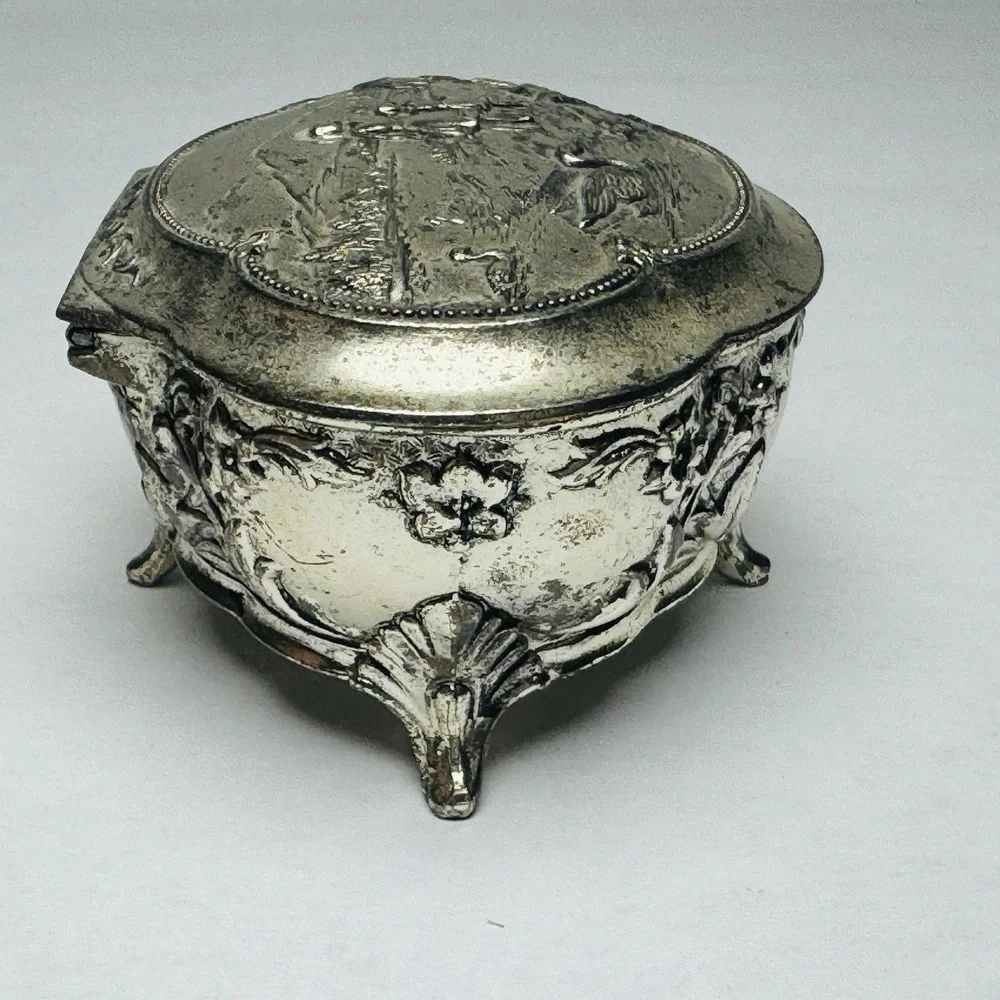 VTG Silver Metal Trinket Or Jewelry Box Lined W/ Red Velvet And An Embossed Top